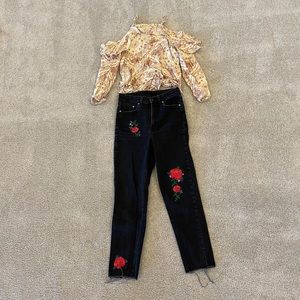 Cropped black denim with rose detail